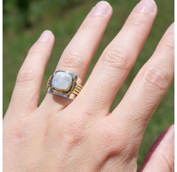 Bague large argent doré tressé pierre carrée en Pierre de lune T54