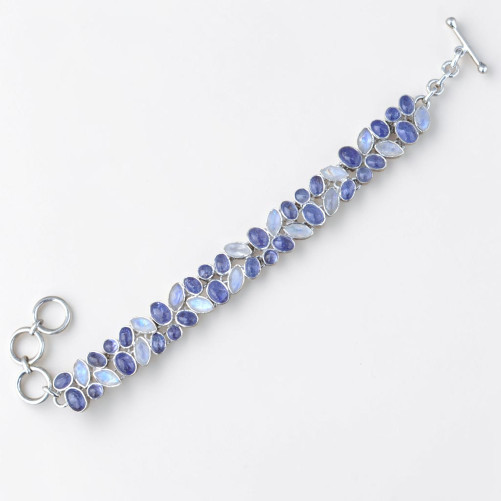 Bracelet 2 rangs argent et 46 pierres en Tanzanite et Pierre de lune (violet) (blanc)