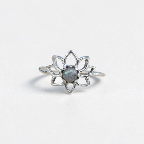 Petite bague fleur de lotus et pierre Labradorite T49/54/59