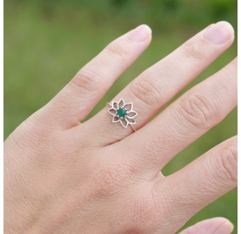 Petite bague fleur de lotus et pierre Agate verte T49/54/57/59