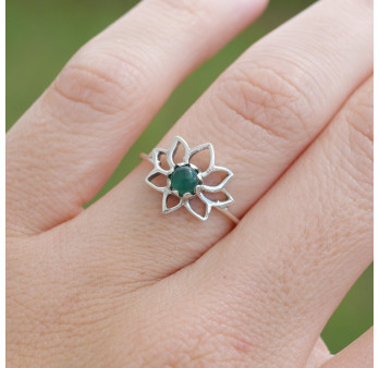 Petite bague fleur de lotus et pierre Agate verte T49/54/57/59