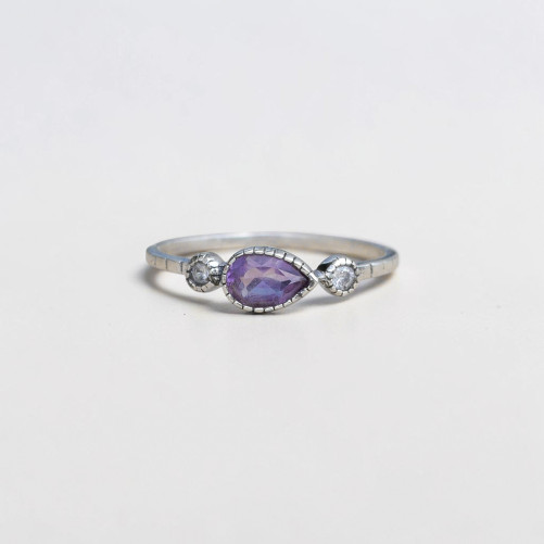 Bague fine argent goutte en Améthyste et zircons T51/54/57