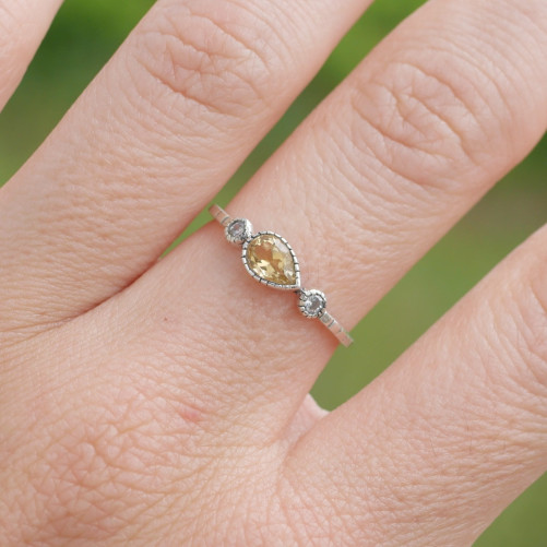 Bague fine argent goutte en Citrine et zircons T49/51/54/56/59