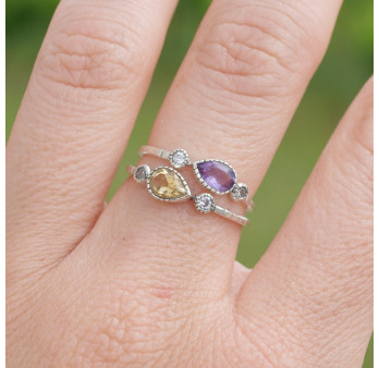 Bague fine argent goutte en Citrine et zircons T49/51/54/56/59