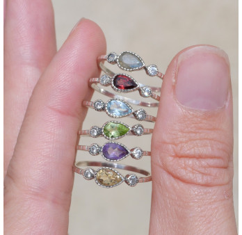 Bague fine argent goutte en Topaze bleue et zircons T49/52/54