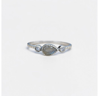 Bague fine argent goutte en Labradorite et zircons T51/54/56