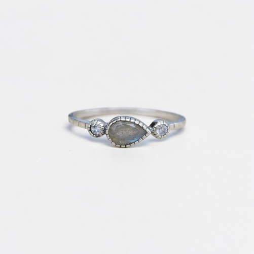 Bague fine argent goutte en Labradorite et zircons T51/54/56