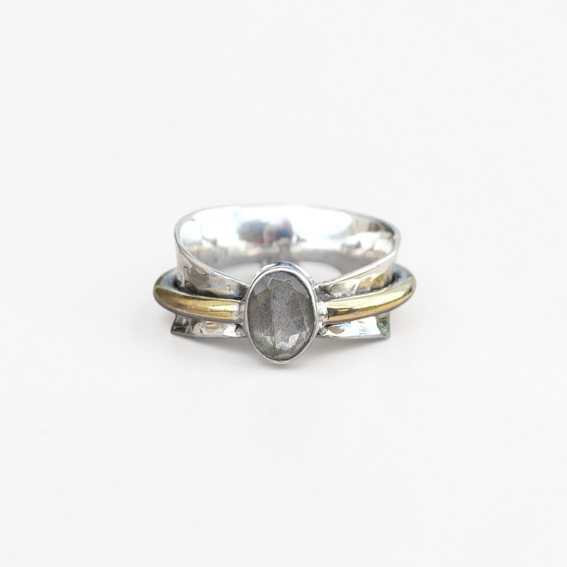Bague argent martelé anneau doré pierre Labradorite T58 Bague argent martelé anneau doré pierre Labradorite T58