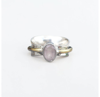 Bague argent martelé anneau doré pierre Quartz rose T53