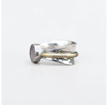 Bague argent martelé anneau doré pierre Quartz rose T53