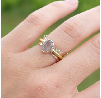 Bague argent martelé anneau doré pierre Quartz rose T53