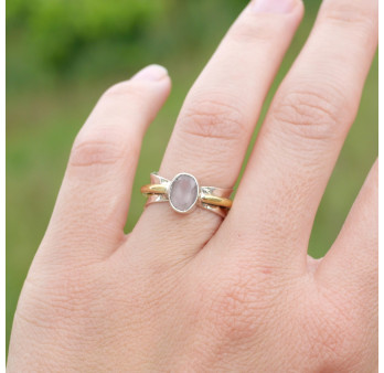 Bague argent martelé anneau doré pierre Quartz rose T53