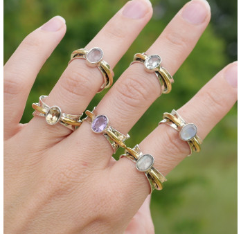 Bague argent martelé anneau doré pierre Citrine T56