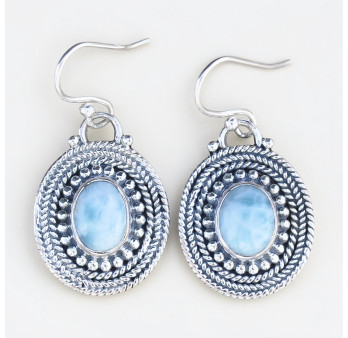 Boucles d'oreilles ovales Larimar et plaque argent ciselée