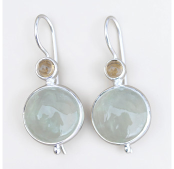 Boucles d'oreilles argent et 2 pierres rondes en Prehnite et Citrine (vert) (jaune)