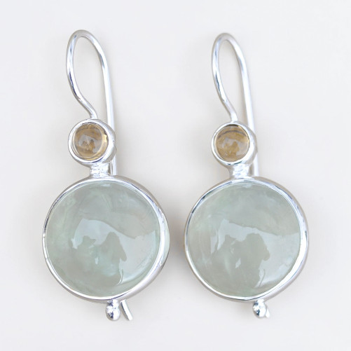 Boucles d'oreilles argent et 2 pierres rondes en Prehnite et Citrine (vert) (jaune)