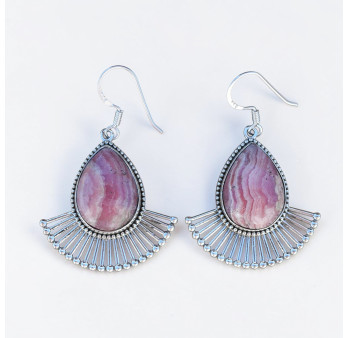 Grandes boucles gouttes pierre Rhodochrosite et rayons en argent (rose)