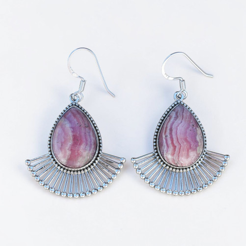 Grandes boucles gouttes pierre Rhodochrosite et rayons en argent (rose)