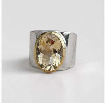 Bague large argent doré et pierre facettée Citrine T51