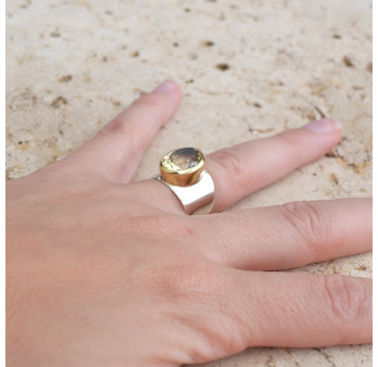 Bague large argent doré et pierre facettée Citrine T51