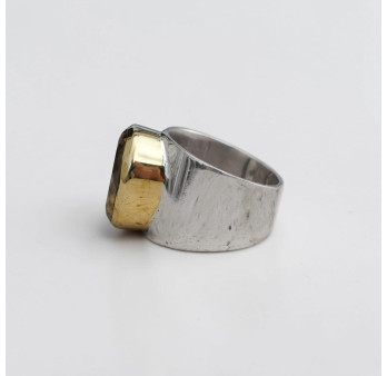 Bague large argent doré et pierre facettée Quartz fumé T57