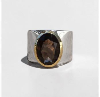Bague large argent doré et pierre facettée Quartz fumé T57