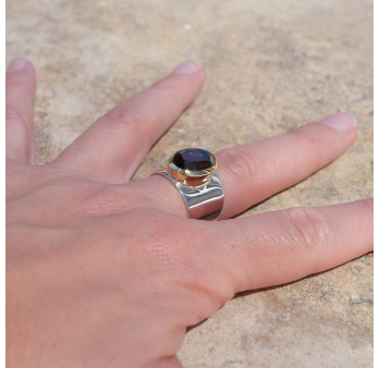 Bague large argent doré et pierre facettée Quartz fumé T57