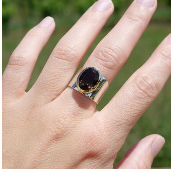 Bague large argent doré et pierre facettée Quartz fumé T57