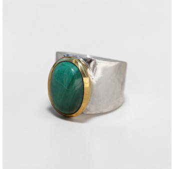 Bague large argent doré et pierre ovale Malachite T53