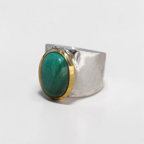 Bague large argent doré et pierre ovale Malachite T53