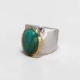 Bague large argent doré et pierre ovale Malachite T53