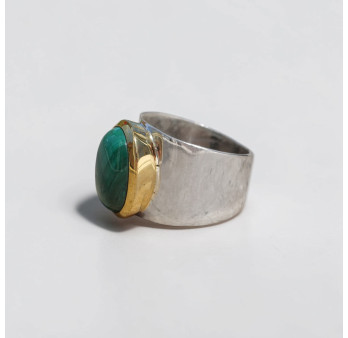 Bague large argent doré et pierre ovale Malachite T53
