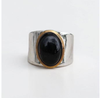Bague large argent doré et pierre ovale Onyx noir T57