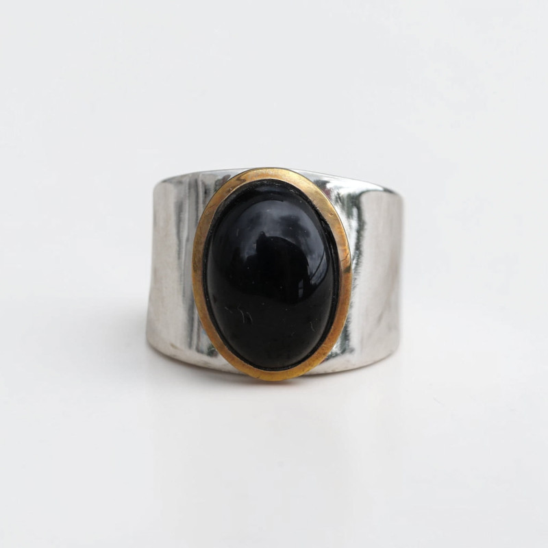 Bague large argent doré et pierre ovale Onyx noir T57 Bague large argent doré et pierre ovale Onyx noir T57