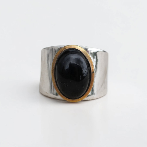 Bague large argent doré et pierre ovale Onyx noir T57