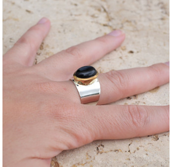 Bague large argent doré et pierre ovale Onyx noir T57