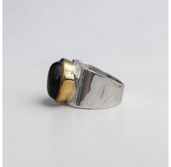 Bague large argent doré et pierre ovale Onyx noir T57