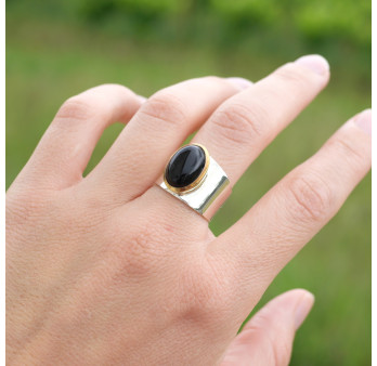 Bague large argent doré et pierre ovale Onyx noir T57