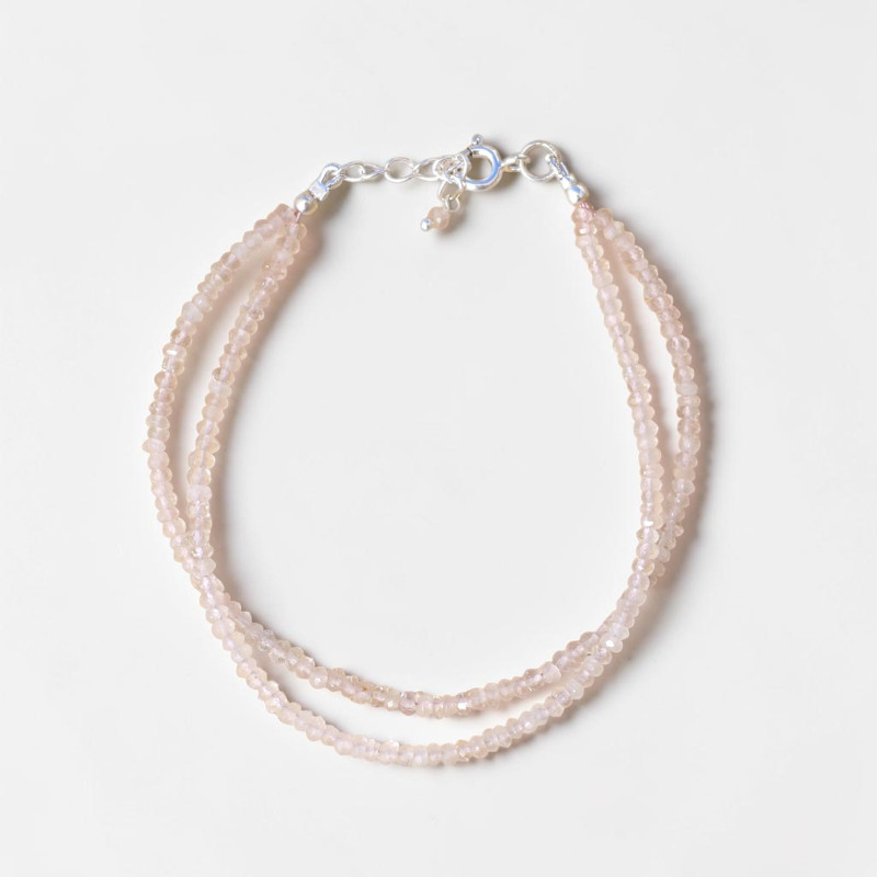 Bracelet 2 rangs pierres en Quartz rose et fermoir argent