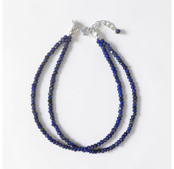 Bracelet 2 rangs pierres facettées en lapis lazuli fermoir et chaînette argent