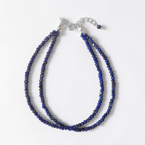 Bracelet 2 rangs pierres facettées en lapis lazuli fermoir et chaînette argent