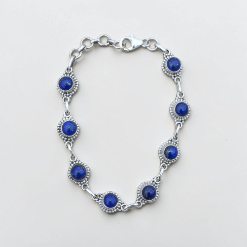 Bracelet argent ciselé et 8 pierres rondes en Lapis lazuli