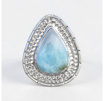 Grosse bague goutte monture en argent martelé et pierre Larimar T54
