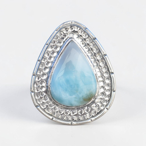 Grosse bague goutte monture en argent martelé et pierre Larimar T54