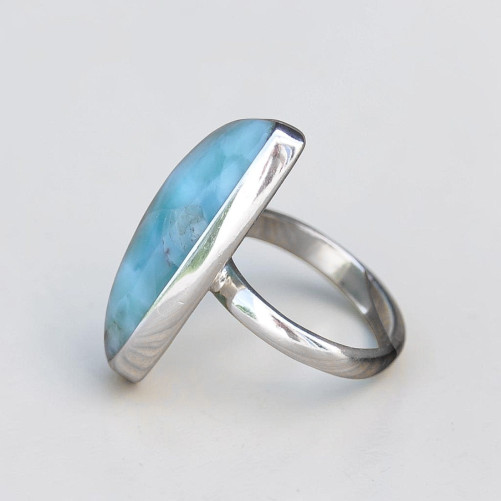 Grosse bague triangulaire argent et pierre naturelle Larimar T54
