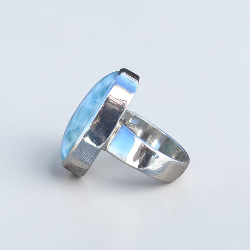 Bague oblongue argent 925 et pierre unique Larimar T55
