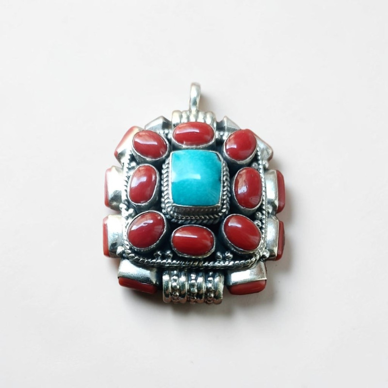 Gros pendentif boîte carré argent Corail et Turquoise (rouge) (bleu)