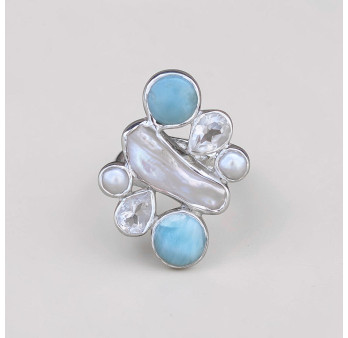 Bague argent multipierres Larimar Perle de culture et Cristal de roche (bleu) (blanc) T53