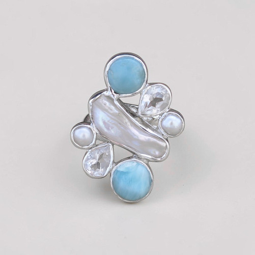 Bague argent multipierres Larimar Perle de culture et Cristal de roche (bleu) (blanc) T53