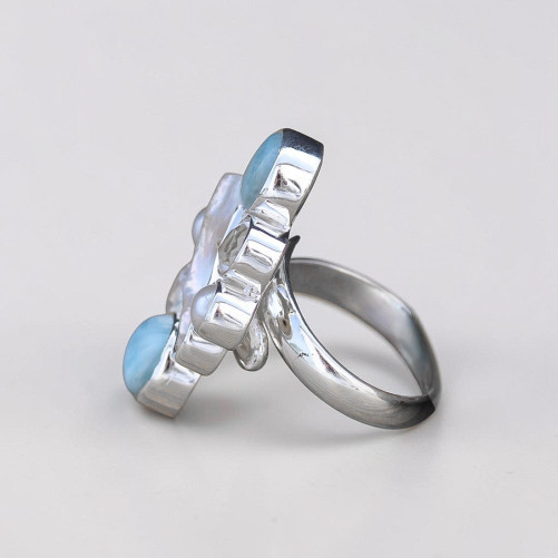 Bague argent multipierres Larimar Perle et Cristal de roche T53 réglable
